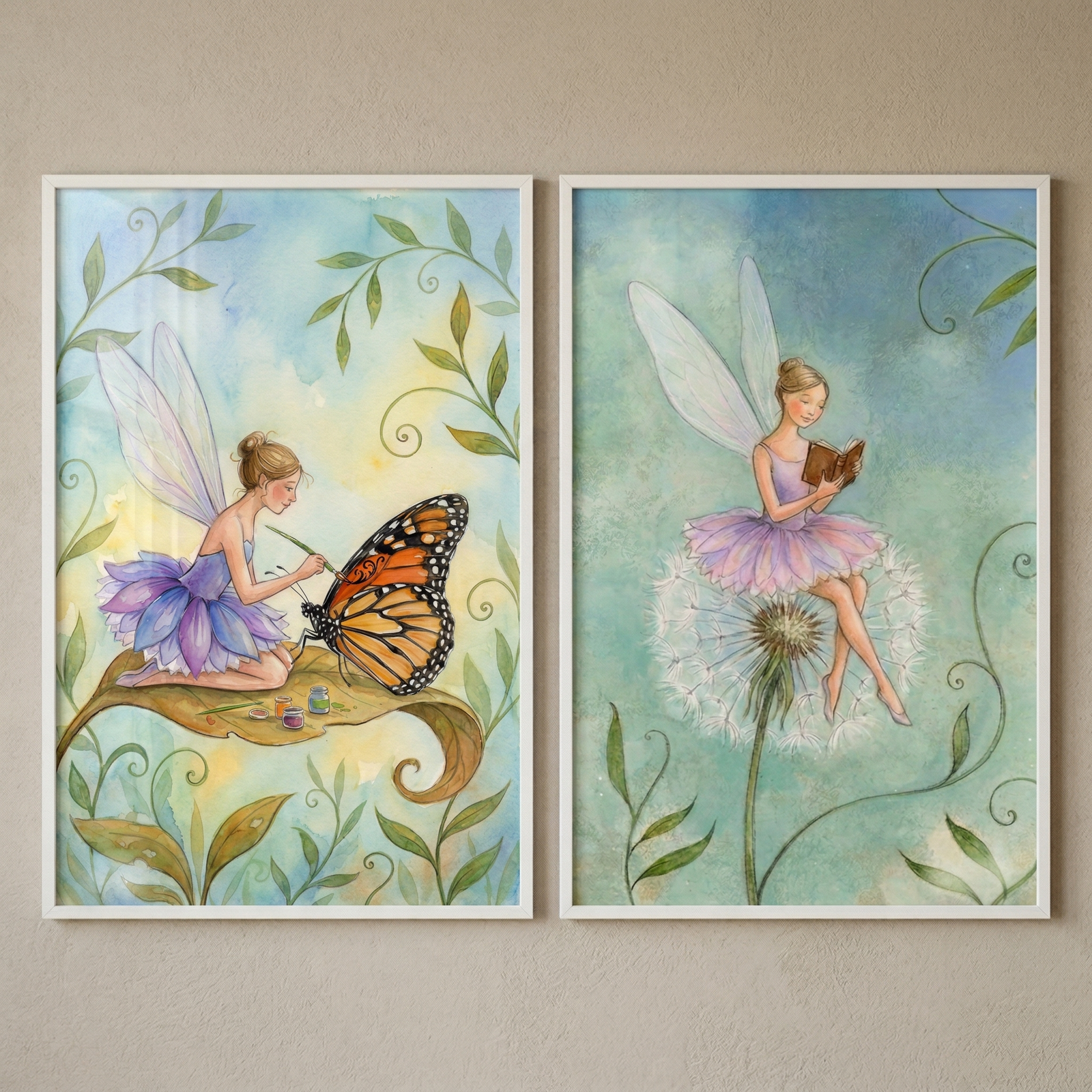 Two framed watercolor-style illustrations hang side-by-side against a neutral wall. The left image depicts a small fairy with delicate, translucent wings and a purple petal-like dress sitting on a large leaf. She is using a fine brush to add detail to the wing of a large orange and black butterfly, with small jars of color resting on the leaf next to her. The right image shows a similar fairy sitting on a soft, white dandelion clock, focused on reading a small book. Both pieces feature whimsical, botanical 