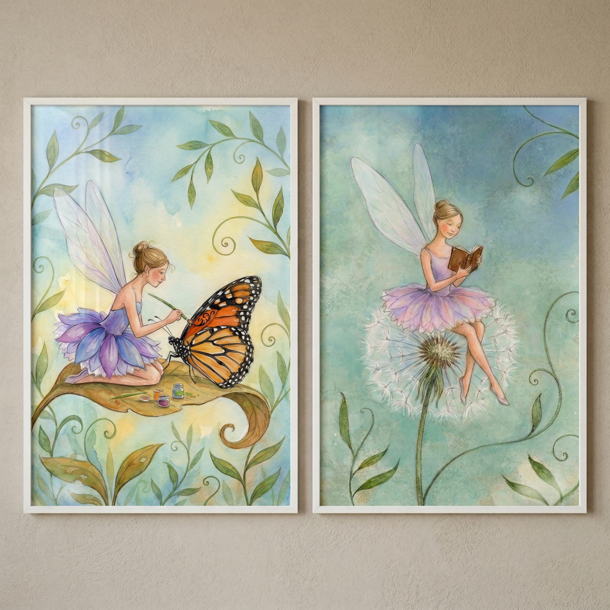 Forest Fairies Wall Art Set of 2 - Enchanted Meadow Spirits