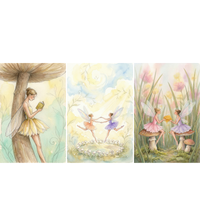 Soft watercolor triptych of fairies in a dreamy garden. The left panel shows a fairy in a pale yellow petal dress leaning against a giant mushroom stem while reading a small gold book and the center panel shows two winged fairies in peach and lavender dresses dancing hand in hand above a ring of tiny mushrooms. The right panel shows two fairies sitting on mushrooms in tall grass while holding a dripping honeycomb between them.
