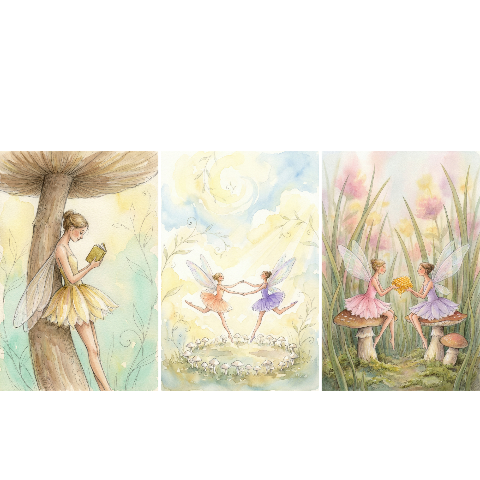 Soft watercolor triptych of fairies in a dreamy garden. The left panel shows a fairy in a pale yellow petal dress leaning against a giant mushroom stem while reading a small gold book and the center panel shows two winged fairies in peach and lavender dresses dancing hand in hand above a ring of tiny mushrooms. The right panel shows two fairies sitting on mushrooms in tall grass while holding a dripping honeycomb between them.
