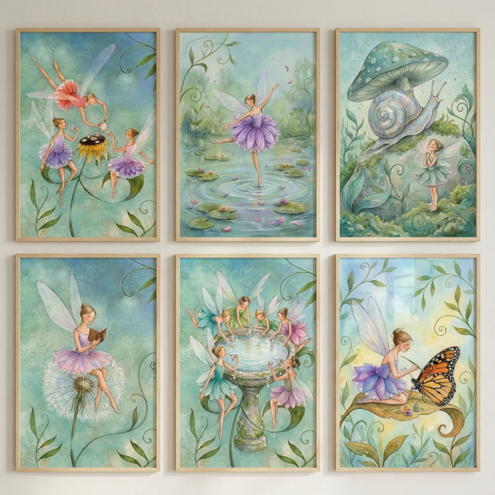 Six light wood frames are arranged in two rows of three on a neutral wall, each containing a whimsical illustration. The artworks feature small, delicate figures with translucent wings in various garden and nature settings.
In the top left illustration, three sprites in vibrant dresses gather around a large sunflower. One hovers above while two others stand on the yellow petals, seemingly enjoying a social gathering with tiny cups.
