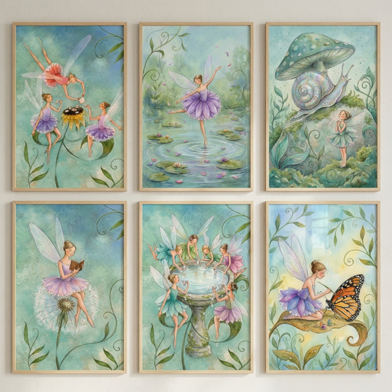 Six light wood frames are arranged in two rows of three on a neutral wall, each containing a whimsical illustration. The artworks feature small, delicate figures with translucent wings in various garden and nature settings.
In the top left illustration, three sprites in vibrant dresses gather around a large sunflower. One hovers above while two others stand on the yellow petals, seemingly enjoying a social gathering with tiny cups.
