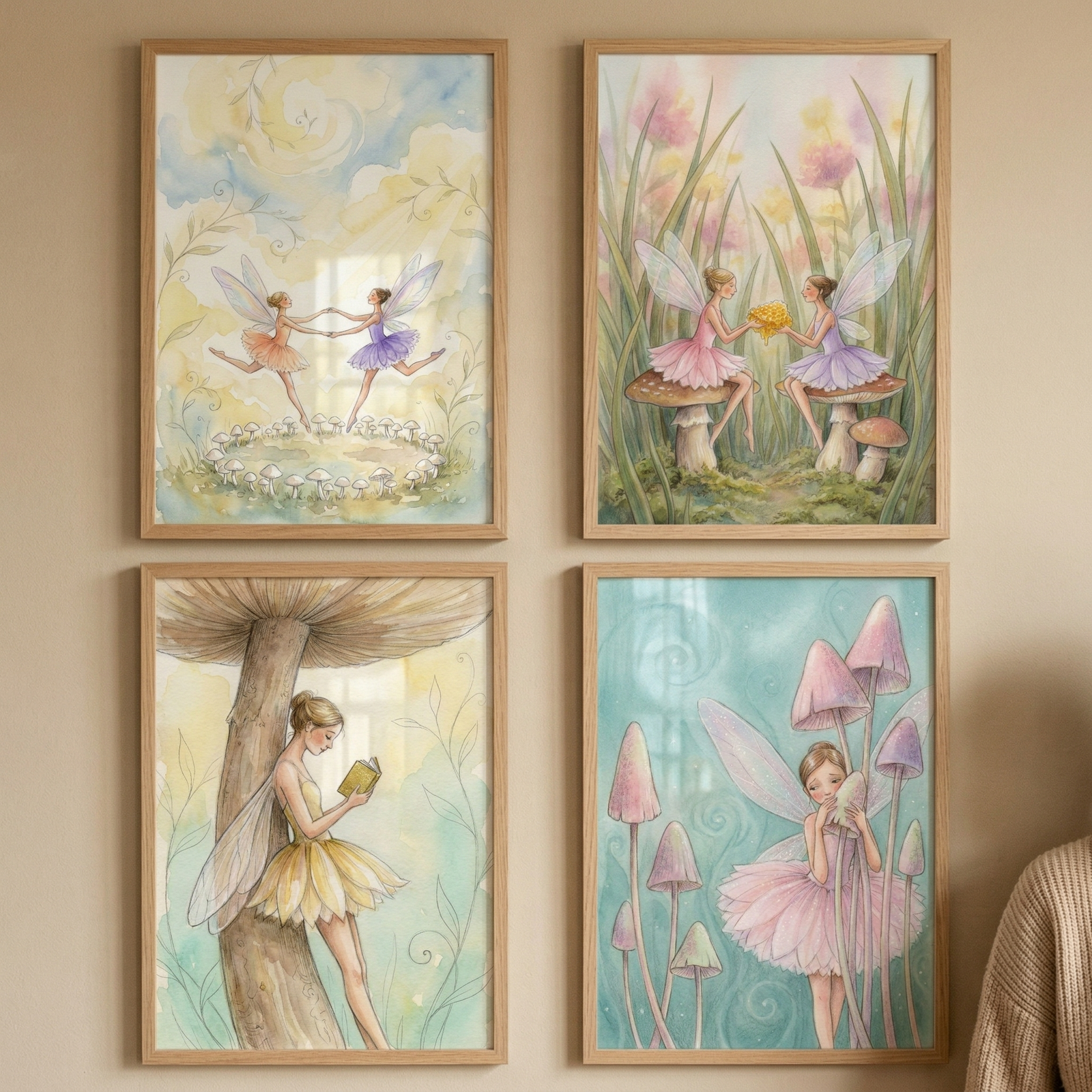 Four rectangular wooden-framed illustrations are arranged in a square grid on a neutral-colored wall. Each artwork features whimsical, winged figures in a soft, airy style with a pastel color palette. In the top-left frame, two figures in orange and purple dresses dance hand-in-hand above a circle of small mushrooms. To the right, two figures sit atop large mushrooms in a field of tall grass and pink blossoms. 