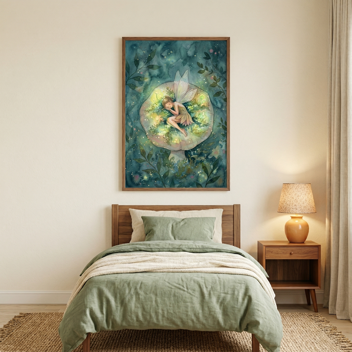 A serene bedroom features a vertical framed artwork centered on a neutral-colored wall above a bed. The illustration depicts a small, winged figure with long hair sleeping peacefully atop a large, pale mushroom. This central subject is surrounded by glowing ethereal lights and deep green foliage against a dark teal background. 


