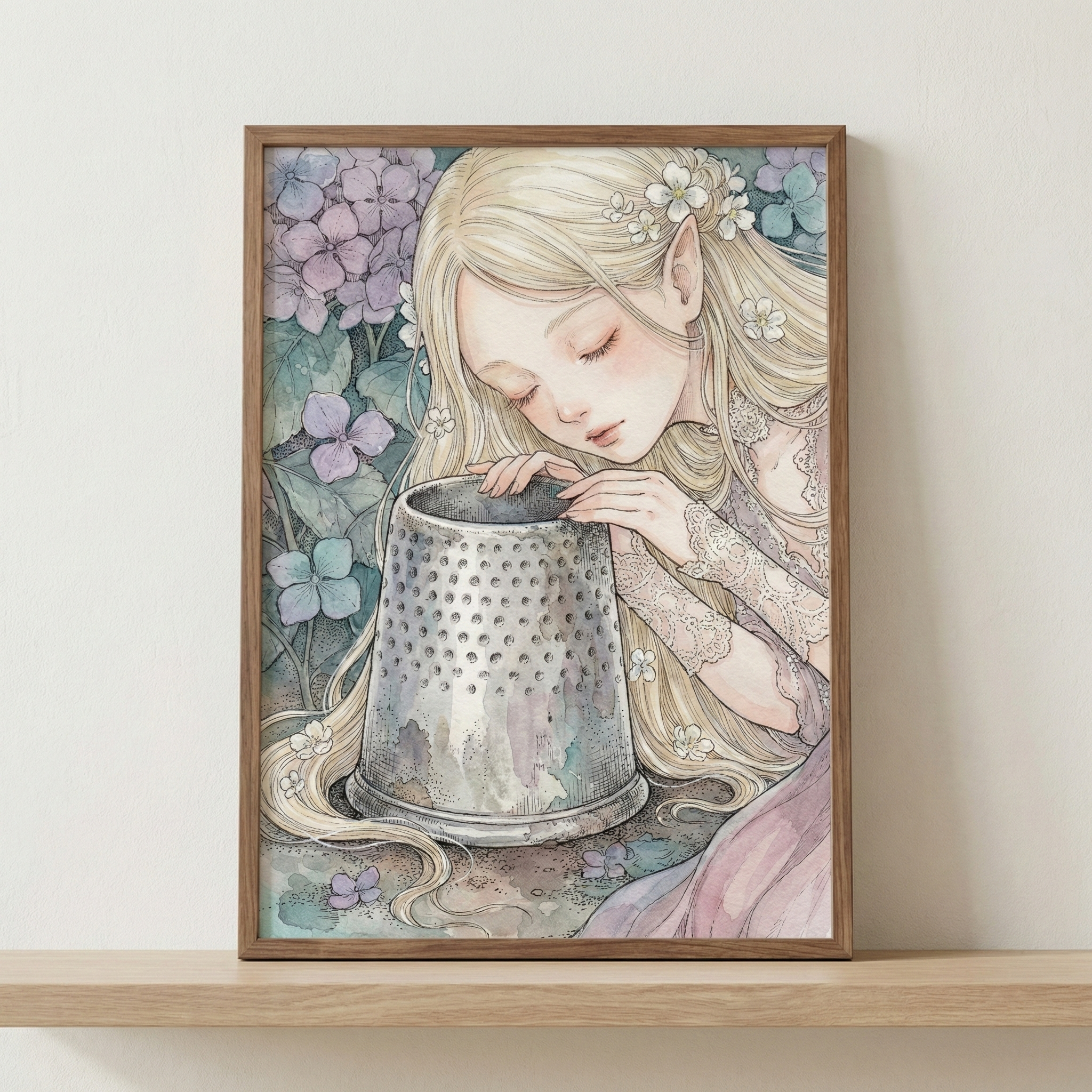 A soft-toned illustration in a wooden frame shows a young woman with long, pale blonde hair and pointed ears, resting her head against a large, metallic silver thimble. Her eyes are closed in a serene expression, and small white flowers are scattered through her hair. She is surrounded by a background of delicate purple and blue hydrangea blooms. The overall style is whimsical and delicate, with gentle line work and muted colors. The framed artwork sits on a plain wooden shelf.