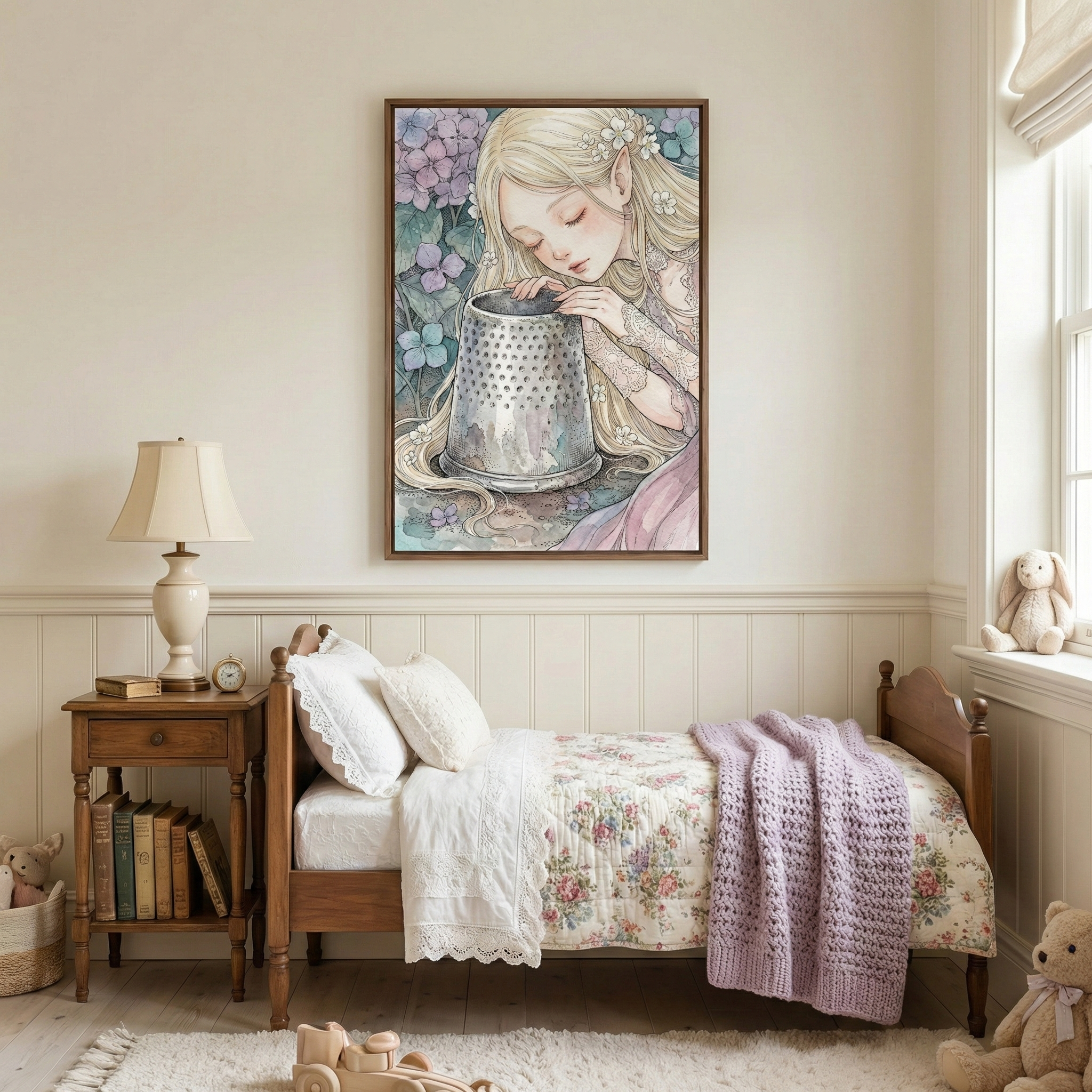A framed illustration of a delicate blonde fairy leaning over a metal thimble, as if listening closely, surrounded by soft pastel flowers in lavender and blue tones. The artwork hangs above a vintage wooden twin bed dressed in floral bedding and a lilac knit blanket, adding a gentle storybook charm to the cozy traditional child’s bedroom.