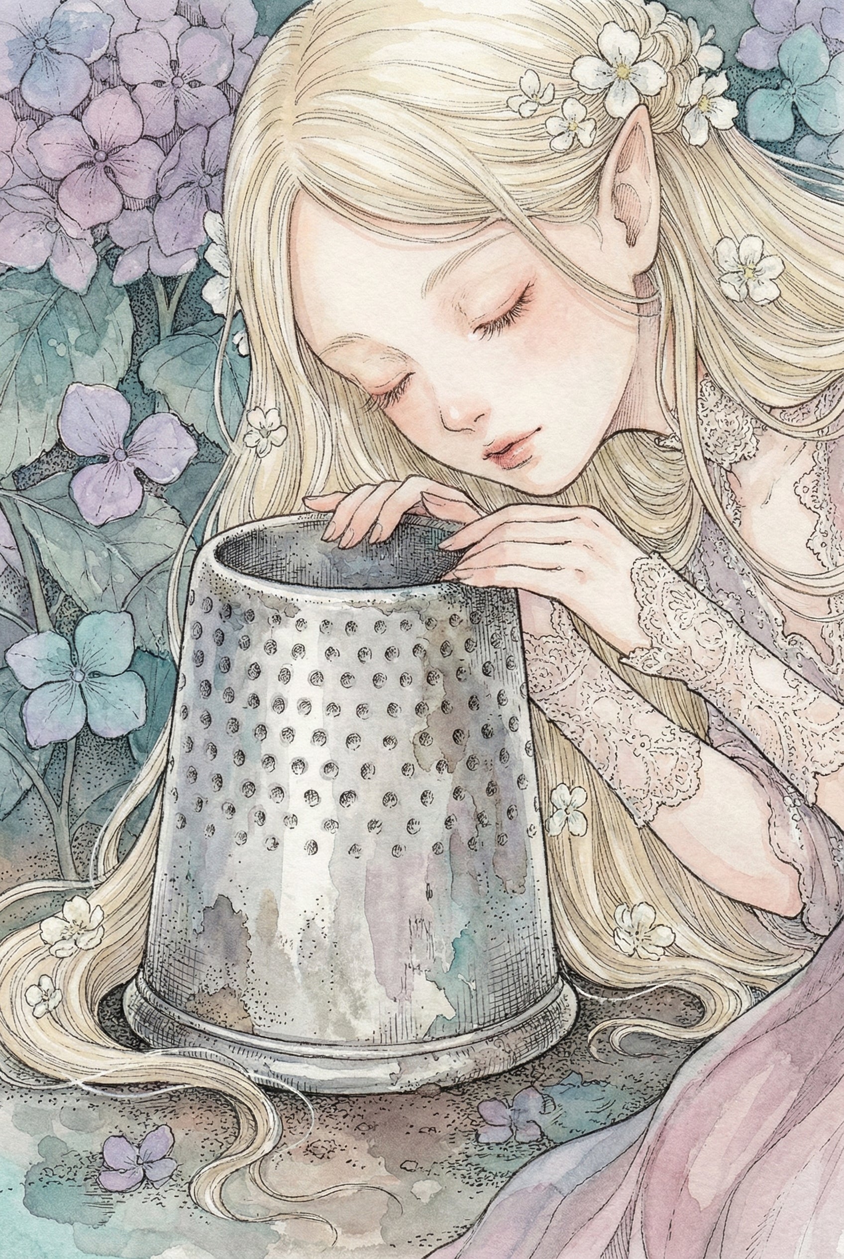 A delicate elf with long blonde hair and pointed ears leans peacefully against a large, weathered metal thimble. Her eyes are closed, and she wears a lavender gown with ornate lace sleeves. Small white blossoms are tucked into her hair. The scene is lush with purple and blue hydrangeas in the background. The art uses soft pastel tones and fine line work in a gentle watercolor aesthetic.