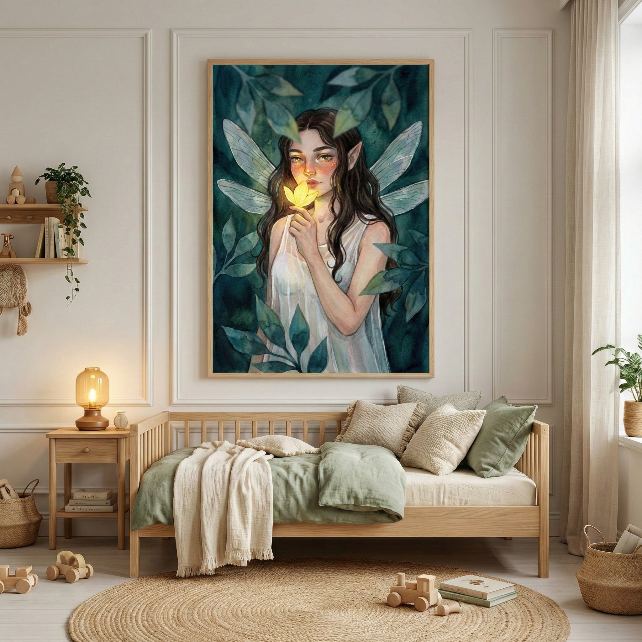 A serene bedroom interior featuring a large framed illustration centered on a paneled wall above a light wooden daybed. The artwork depicts a dark-haired ethereal figure with translucent wings, holding a small glowing flower against a background of lush green leaves. The daybed is adorned with soft green and neutral-toned pillows and blankets. To the left, a small wooden side table holds a warm lamp, and a wall shelf holds books and a hanging plant. A circular natural fiber rug lies on the floor with wooden