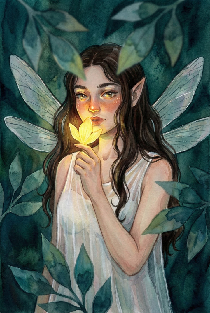 A watercolor illustration of a young woman with long, dark wavy hair, pointed ears, and large, translucent wings. She holds a small, brightly glowing yellow flower close to her face, which casts a warm light on her golden eyes and freckled nose. She is wearing a sheer white sleeveless garment and is surrounded by large, dark green leaves in a forest-like setting.