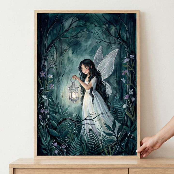 A framed illustration of a fairy with long dark hair and translucent wings walking through a dark, mystical forest. She wears a flowing white dress and holds a glowing lantern that illuminates the surrounding ferns and small purple flowers. The forest is rendered in deep shades of teal and green, with gnarled trees arching overhead. A hand is visible on the right side, holding the edge of the light-colored wooden frame.