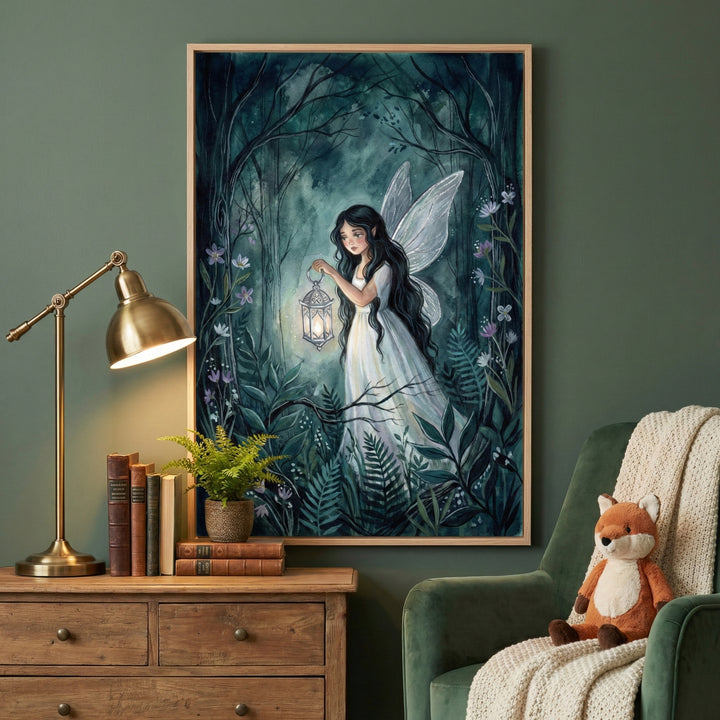 A vertical framed illustration hangs on a dark green wall above a wooden dresser. The artwork depicts a dark-haired fairy with large wings, wearing a long white dress and carrying a glowing lantern through a mystical forest of ferns and stylized trees. On the wooden dresser beneath the frame sits a vintage brass lamp, several books, and a small potted fern. To the right, a green velvet armchair is draped with a white knit blanket, and a small stuffed fox toy sits on the cushion.