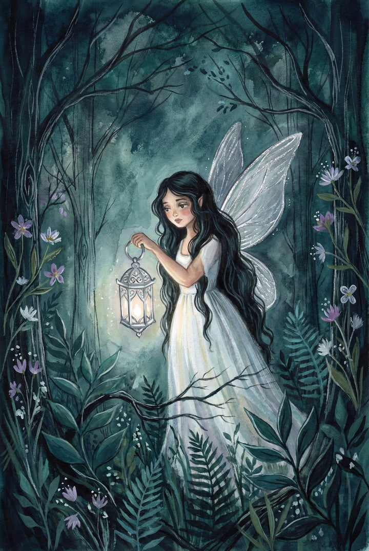 Whimsical illustration of a forest fairy with long flowing dark hair and delicate translucent wings, wearing a white dress. She holds an ornate lantern glowing softly as she walks through a magical, shadowy forest filled with ferns and wildflowers. The scene feels serene and mysterious, illuminated by the warm light of the lantern against the cool, dark tones of the woods.
