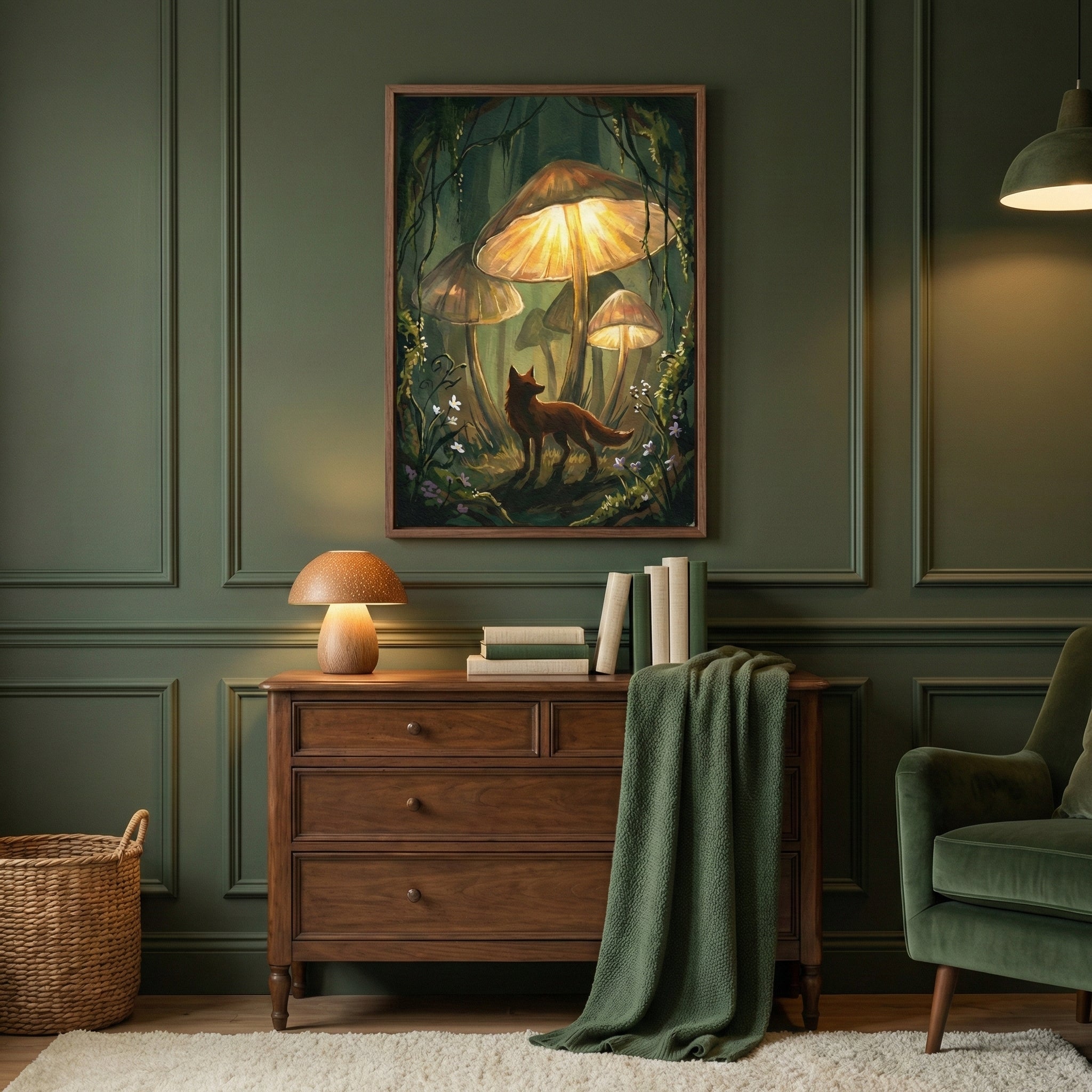 A vertical framed illustration on a dark green paneled wall shows a fox standing in a magical forest under large, glowing mushrooms. Below the artwork, a wooden three-drawer dresser holds a mushroom-shaped lamp and several books. To the right, a green velvet armchair is partially visible, with a forest green blanket draped over the edge of the dresser. A woven wicker basket sits on a light-colored shaggy rug to the left. The scene is illuminated by the soft glow from the lamp and the depicted mushrooms.
