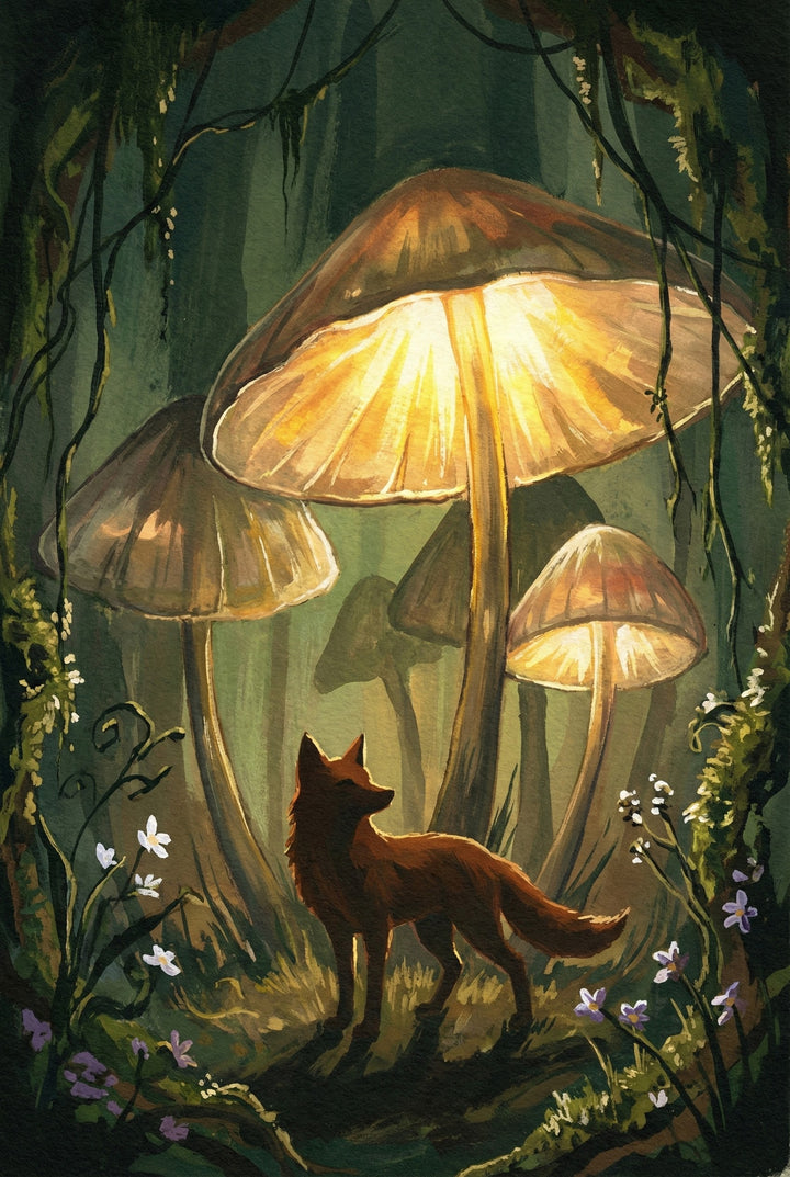 Whimsical illustration of a fox standing in a magical forest, gazing up at towering, glowing mushrooms. The mushrooms emit a warm golden light that bathes the fox in a soft glow. The forest is dark and lush, with hanging vines and small white and purple flowers surrounding the fox, creating an enchanting, dreamlike atmosphere.