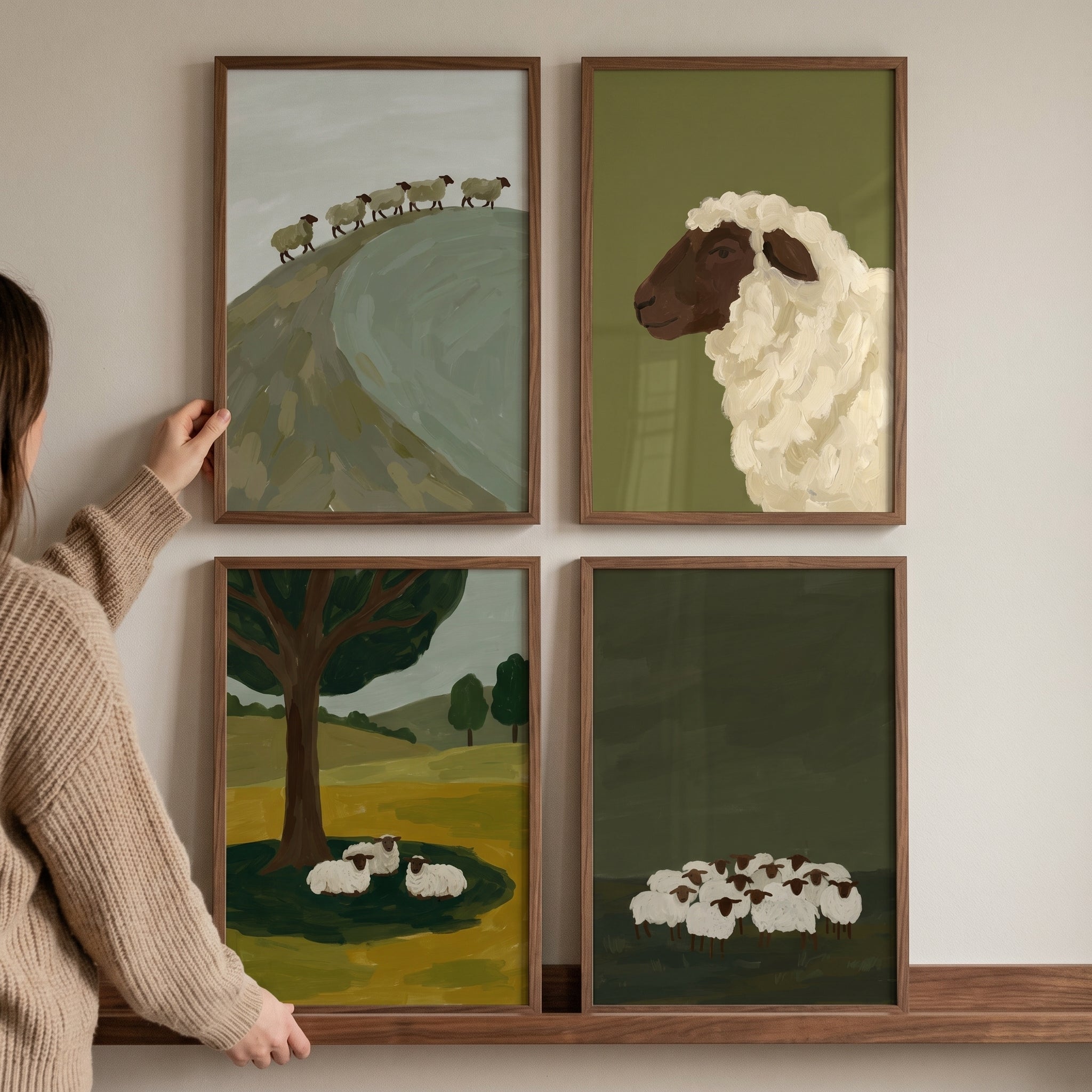 Forest Green Flock Sheep Wall Art Set of 4 - Pastoral Sheep Life