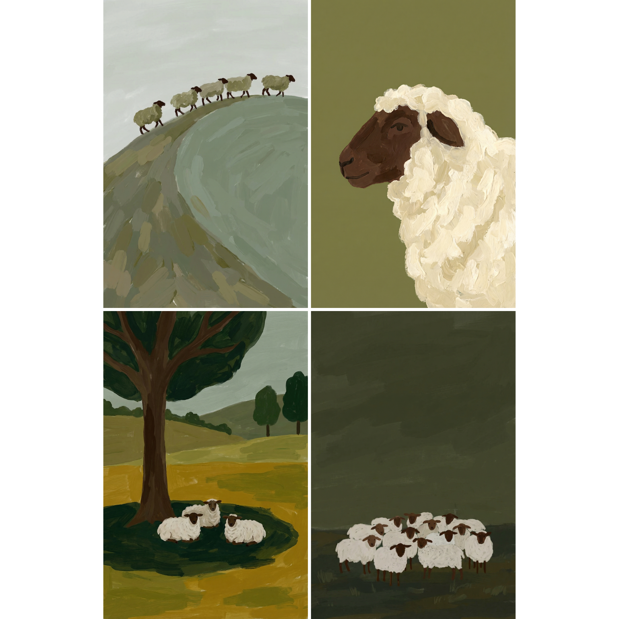Forest Green Flock Sheep Wall Art Set of 4 - Pastoral Sheep Life