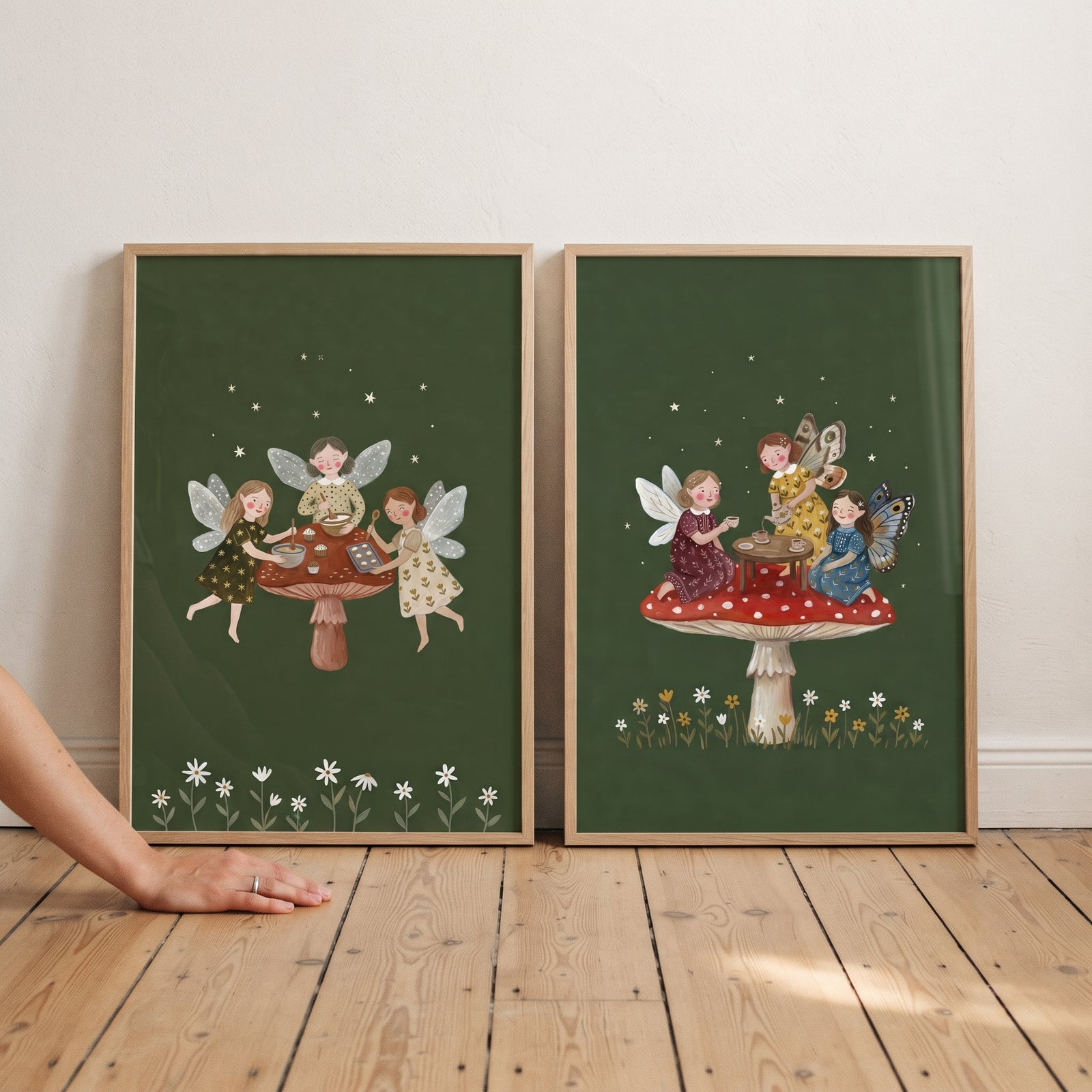 Forest green mushroom fairies wall art set of 2 shows whimsical fairies baking and having tea on mushrooms.