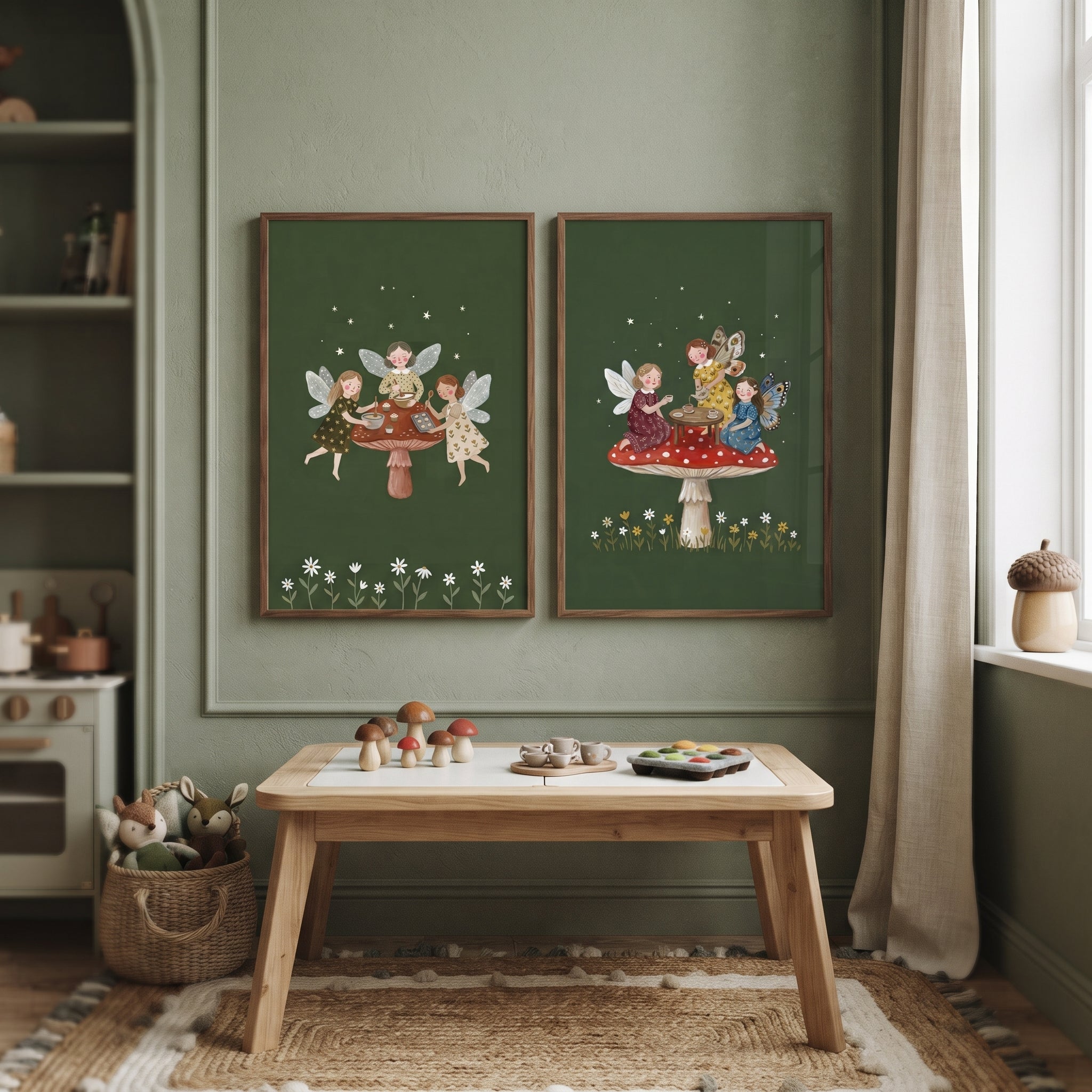 Forest Green Mushroom Fairies Wall Art Set of 2 - Fairy Mushroom Party