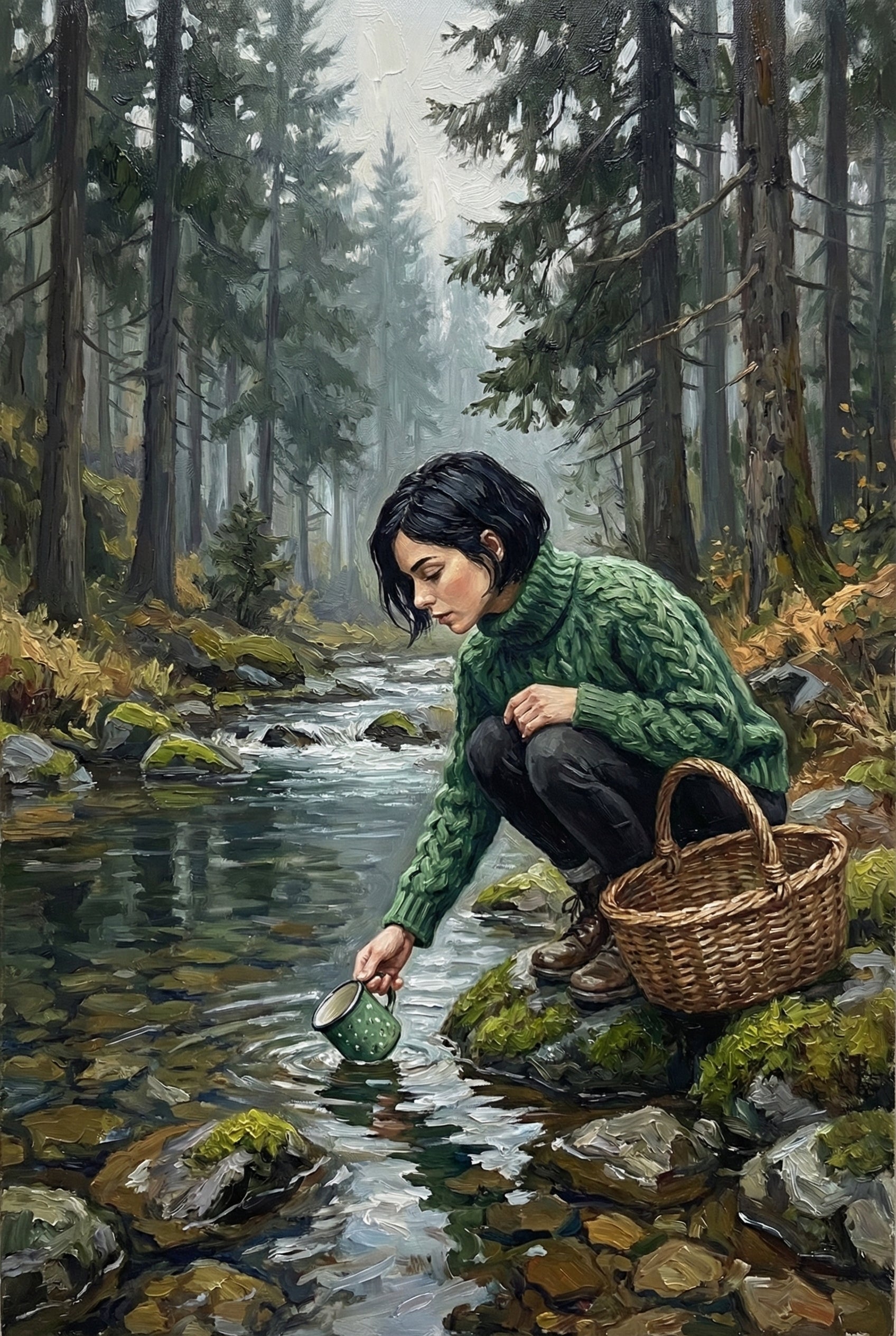 A woman in a green knitted sweater crouches beside a clear forest stream, collecting water in a green enamel mug. She has a woven basket at her side, surrounded by moss-covered rocks and towering evergreens in a misty woodland setting.

