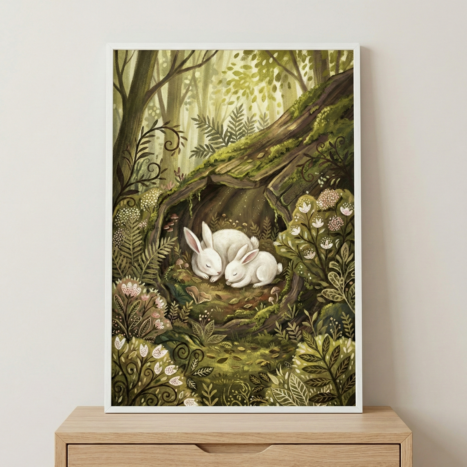 A framed illustration of two white rabbits sleeping soundly inside a hollow log. This whimsical woodland scene is filled with lush greenery, including ferns, moss, and delicate wildflowers in pink and white. Soft, golden light filters through a dense forest of tall trees in the background. The artwork, with its storybook charm and earthy tones, is displayed in a white frame on a light wooden dresser, creating a peaceful and cozy atmosphere.