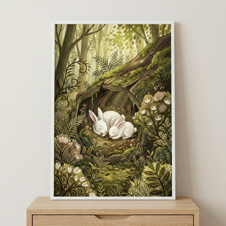 A framed illustration of two white rabbits sleeping soundly inside a hollow log. This whimsical woodland scene is filled with lush greenery, including ferns, moss, and delicate wildflowers in pink and white. Soft, golden light filters through a dense forest of tall trees in the background. The artwork, with its storybook charm and earthy tones, is displayed in a white frame on a light wooden dresser, creating a peaceful and cozy atmosphere.