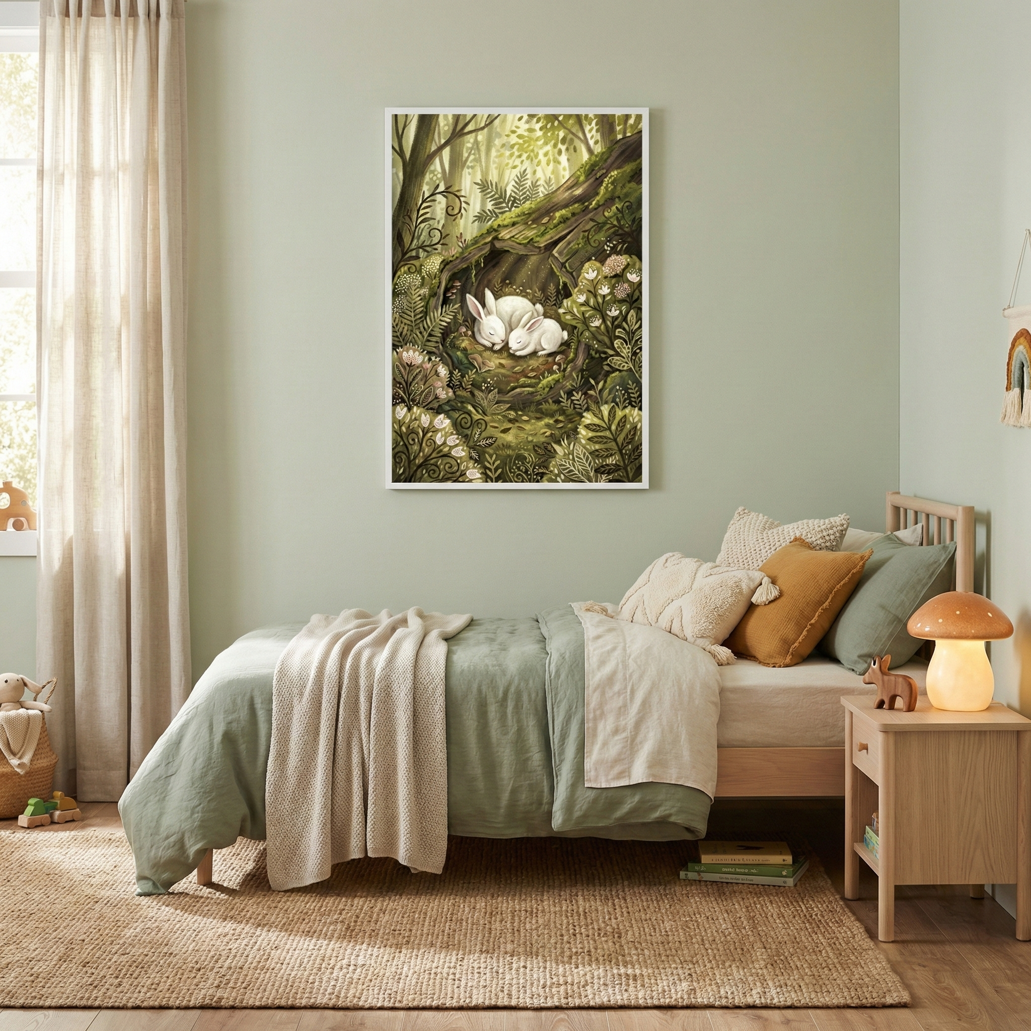 A cozy, nature-inspired child's bedroom with sage green walls. A single bed is made with sage green linens, a neutral throw, and decorative textured pillows. Centered above the bed is a large framed illustration depicting two white rabbits sleeping in a lush, sun-dappled forest burrow. A light wood nightstand sits beside the bed, featuring a glowing mushroom-shaped lamp. The room has a natural jute rug on the floor and light beige curtains at the window, creating a serene atmosphere.