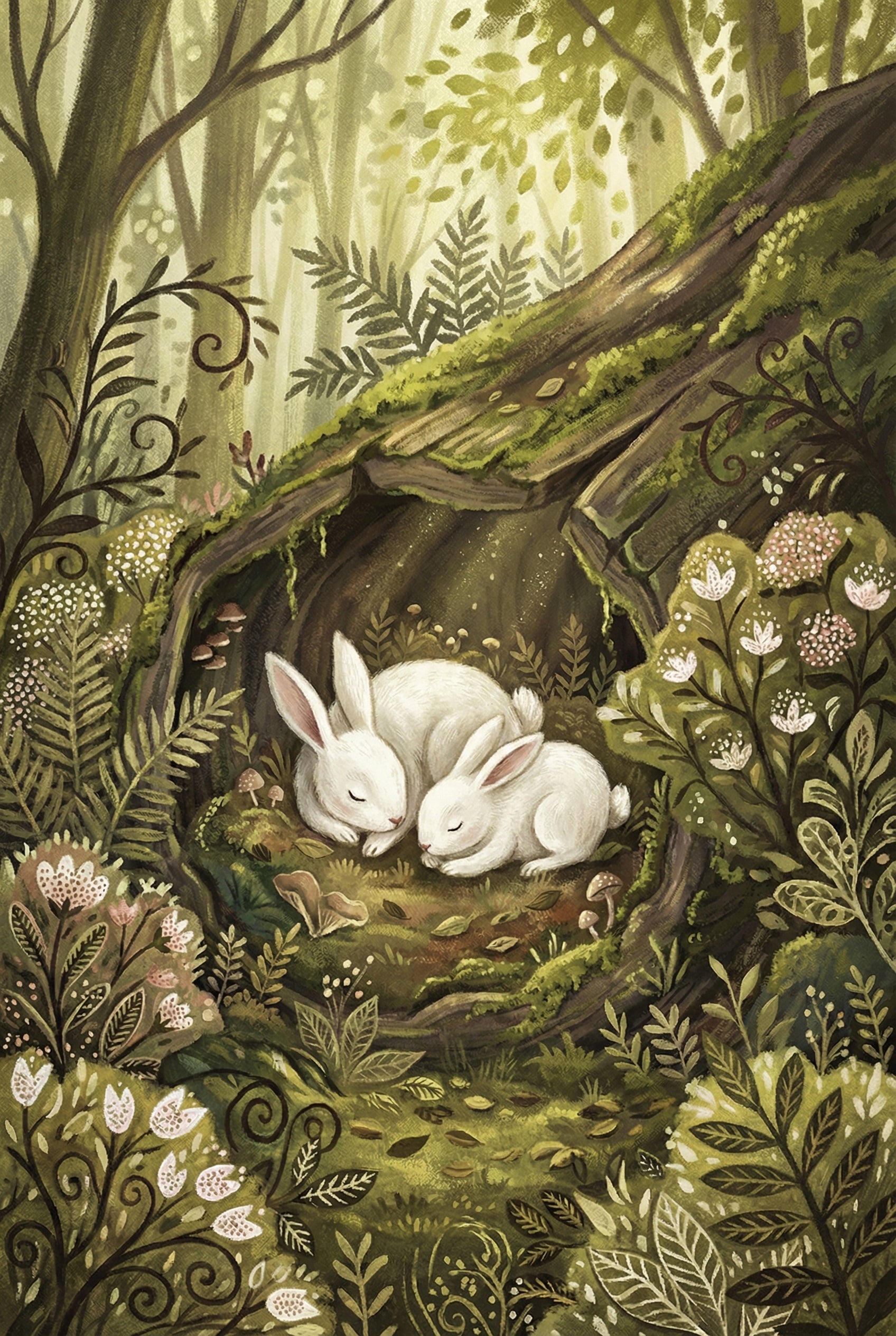 An enchanting illustration of two white rabbits sleeping peacefully together inside the mossy hollow of a fallen log. They are nestled on a bed of soft greenery within their cozy den. The surrounding forest is lush with ferns, delicate white and pink wildflowers, and small mushrooms. Dappled sunlight filters through the leafy canopy and tall tree trunks in the background, casting a warm, magical glow over the serene woodland scene.