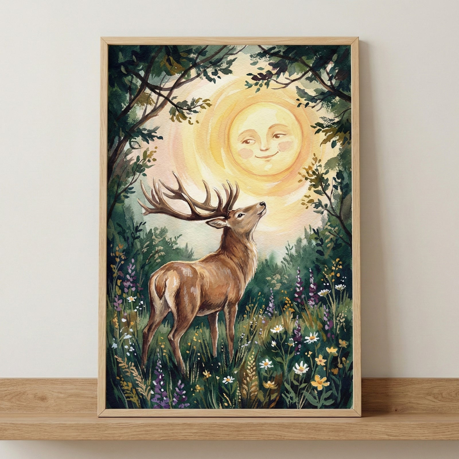 A framed watercolor-style illustration depicts a majestic stag with large antlers standing in a lush meadow of wildflowers, including daisies and purple blooms. The deer looks up toward a large, glowing sun that features a serene, smiling face. Dark green trees and branches frame the top of the scene. The artwork is housed in a simple wooden frame and sits on a light-colored wooden shelf against a plain wall.
