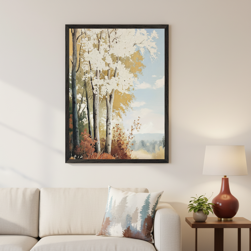 Living room with a beige sectional sofa. A large framed painting of an autumn forest hangs on the wall above the sofa. The artwork depicts white-barked trees with golden and reddish foliage, a path, and a light blue sky. An end table with a red lamp and a small plant is to the right of the sofa.