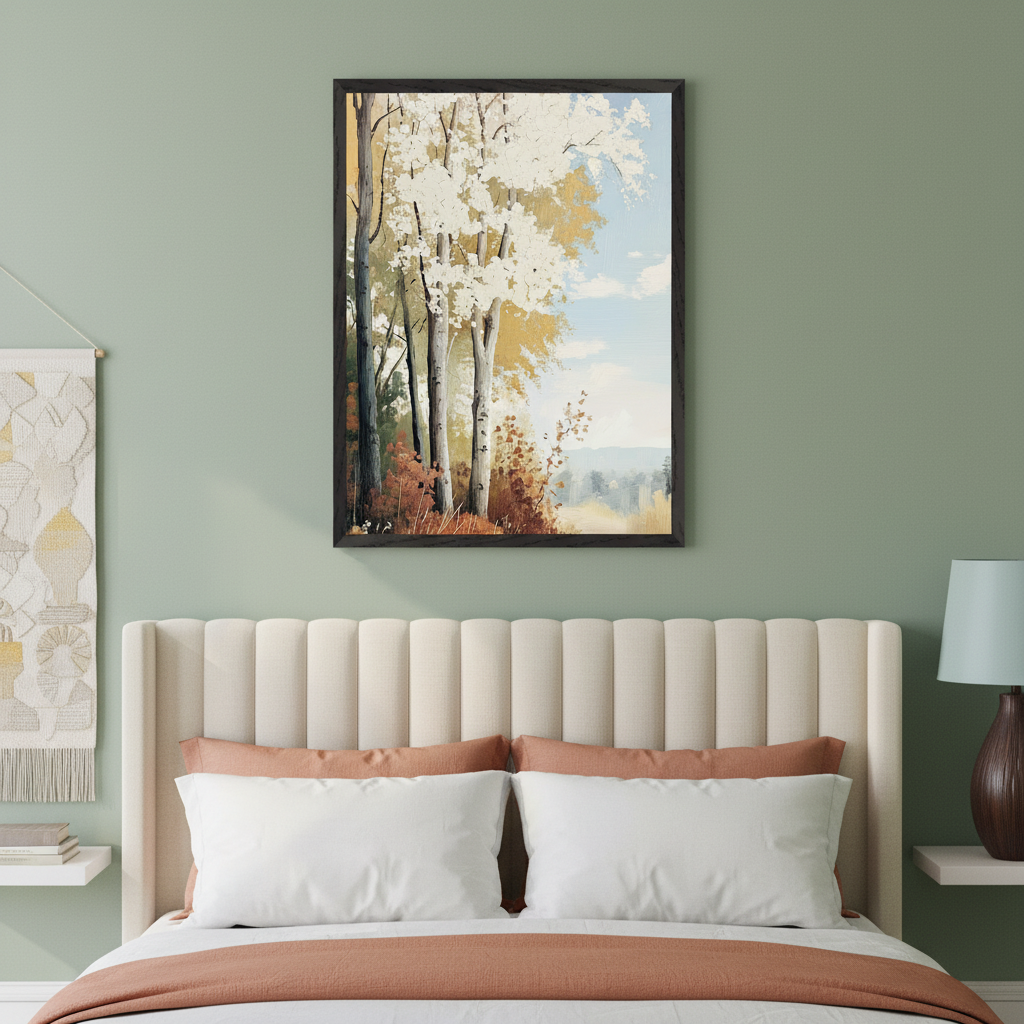 Modern bedroom with a bed featuring a beige upholstered headboard. A framed autumn landscape painting with white and golden trees hangs centered above the bed.