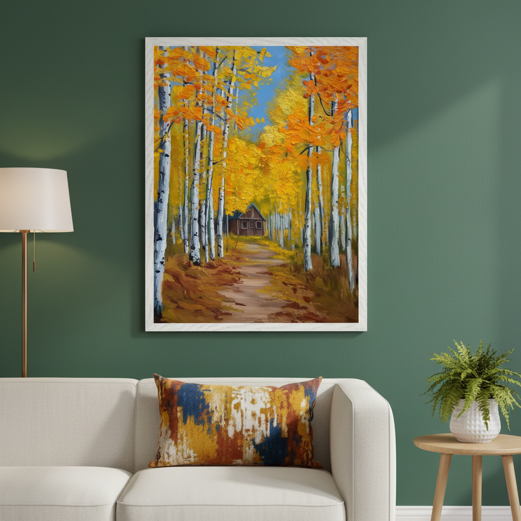 Living room with dark green walls, a light sofa, floor lamp, and side table with a fern. A large framed oil painting hangs centered above the sofa. It depicts an autumn forest path lined with white birch trees and yellow-orange leaves, leading to a distant brown cabin.