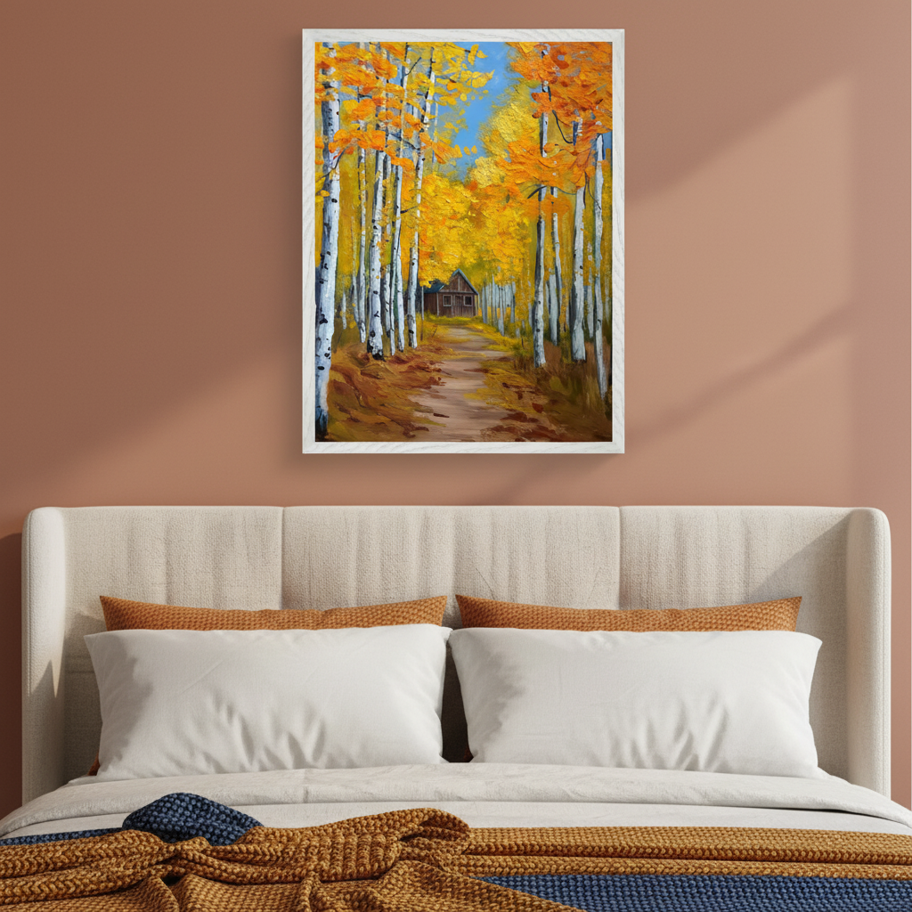 Modern bedroom with a beige upholstered bed. A white-framed oil painting hangs above the bed, featuring an autumn scene with a path through yellow aspen trees leading to a log cabin under a blue sky.