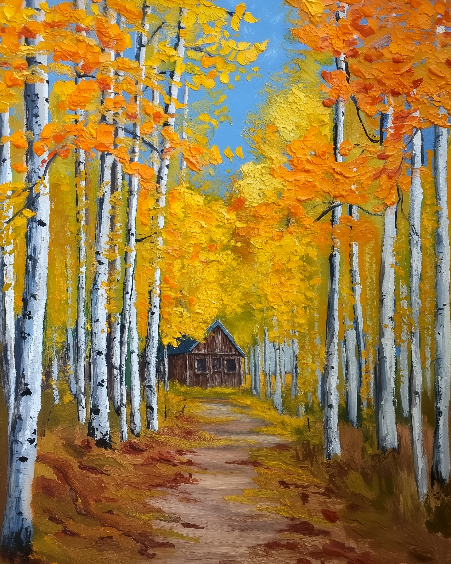 Art of a rustic cabin nestled in a vibrant forest of birch trees with golden and orange autumn leaves. A winding dirt path leads through the trees under a bright blue sky.
