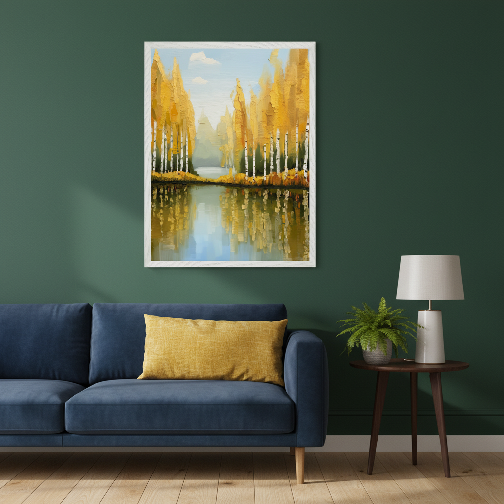 Living room with dark green walls and a wooden floor. A navy blue sofa with a yellow pillow is on the left. A framed oil painting of golden birch trees by a reflective lake hangs centered above the sofa. A side table with a lamp and plant is on the right.