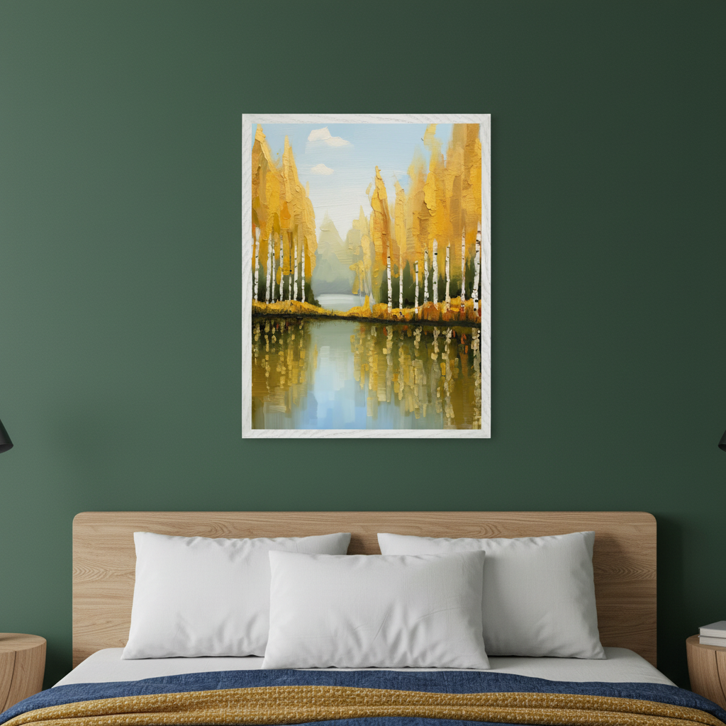 Modern bedroom with a wooden bed and white pillows. A framed impressionistic oil painting of golden birch trees reflected in a lake under a blue sky hangs centrally above the bed.