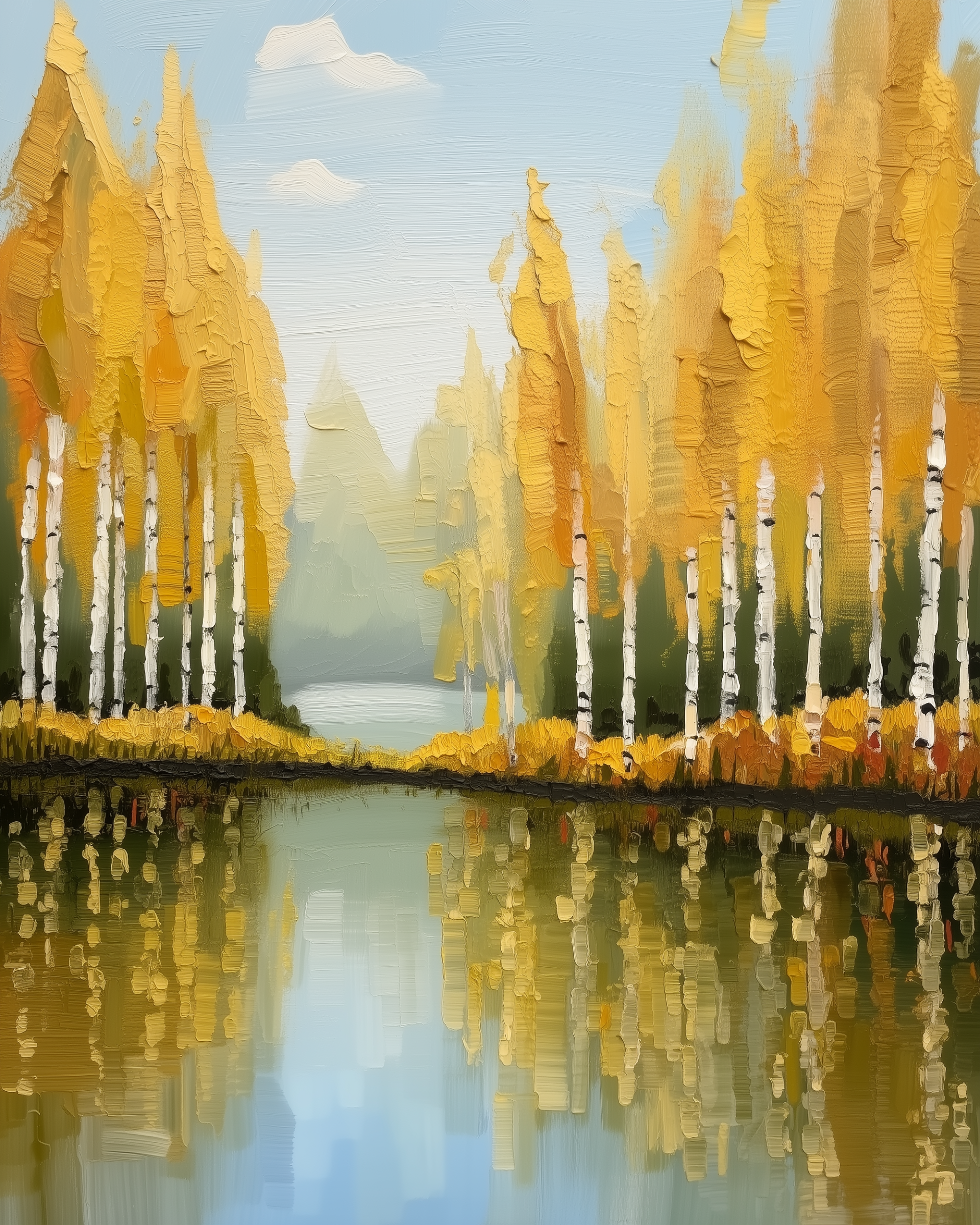 Textured oil painting of golden birch trees in full autumn color reflecting perfectly on a calm lake. The symmetrical composition and soft sky create a peaceful seasonal landscape.