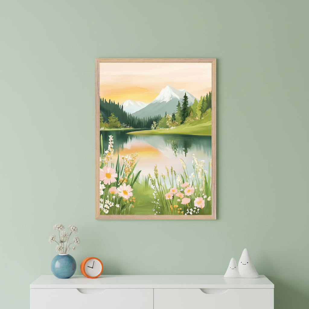 Modern room with a white dresser against a pale green wall. A vertical framed landscape print hangs above the dresser, depicting mountains, a lake reflecting an orange sky, trees, and wildflowers. On the dresser are a blue vase with dried flowers, an orange clock, and two smiling conical figurines.
