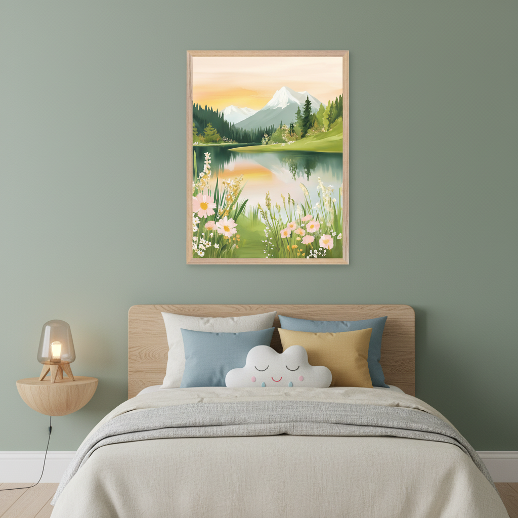 Kid's bedroom with a light wood bed and a cloud pillow. A floating wooden nightstand with a lamp is on the left. A large framed painting hangs above the bed, depicting a painted landscape of a serene lake reflecting an orange sky, snow-capped mountains, green forests, and wildflowers.