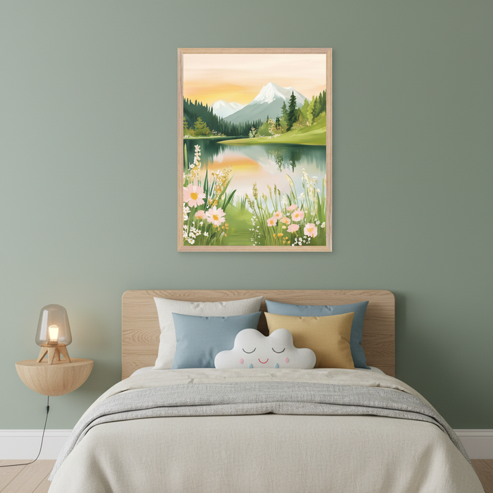 Kid's bedroom with a light wood bed and a cloud pillow. A floating wooden nightstand with a lamp is on the left. A large framed painting hangs above the bed, depicting a painted landscape of a serene lake reflecting an orange sky, snow-capped mountains, green forests, and wildflowers.