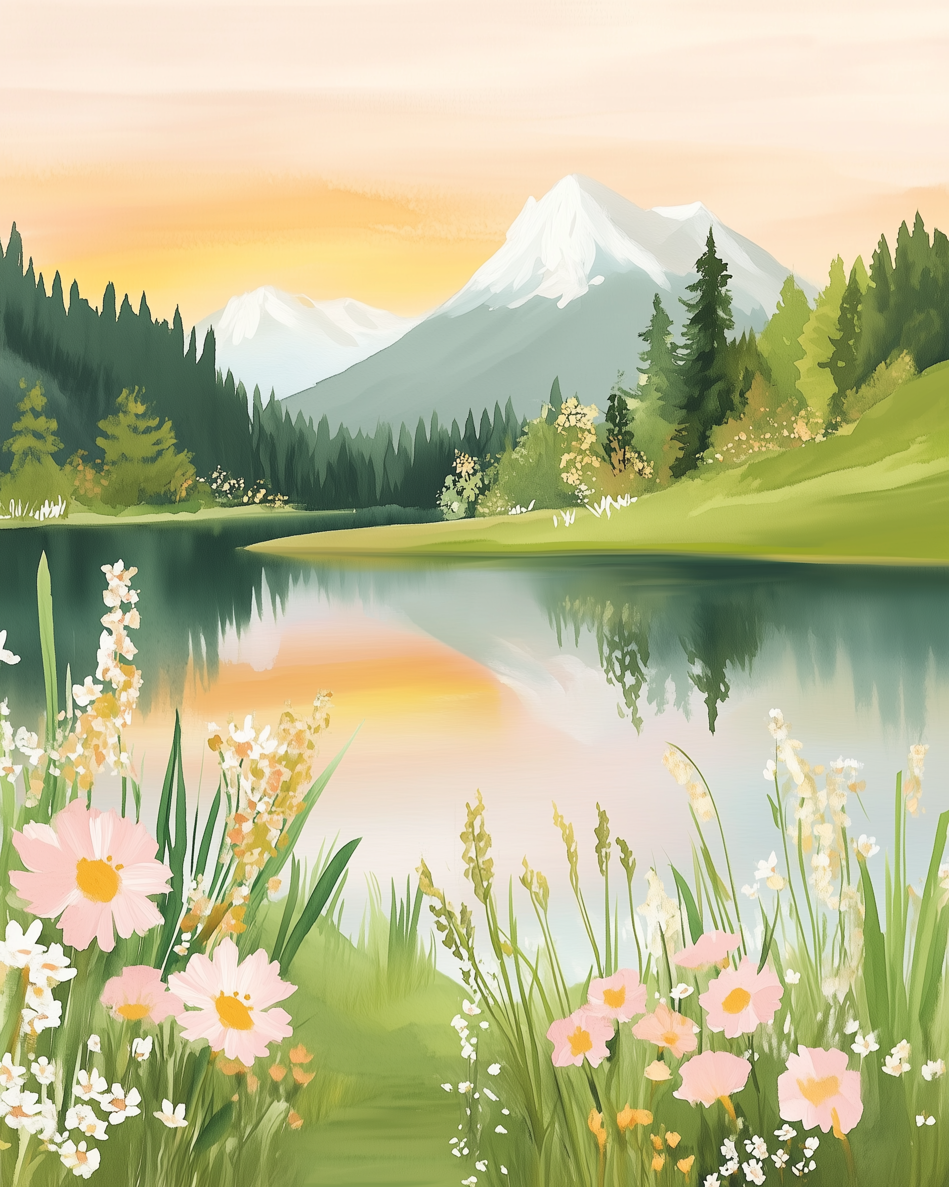 A serene landscape features a tranquil lake reflecting a vibrant sunset sky with hues of orange and pink. Snow-capped mountains rise in the background, bordered by lush green forests. In the foreground, delicate pink and white wildflowers sway gently in the breeze.