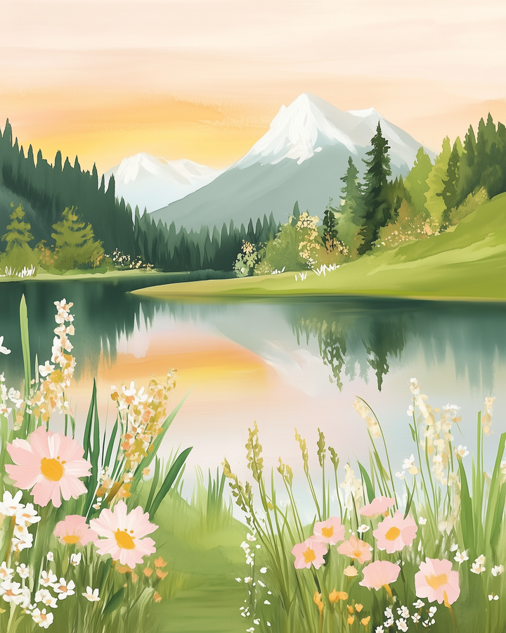 A serene landscape features a tranquil lake reflecting a vibrant sunset sky with hues of orange and pink. Snow-capped mountains rise in the background, bordered by lush green forests. In the foreground, delicate pink and white wildflowers sway gently in the breeze.