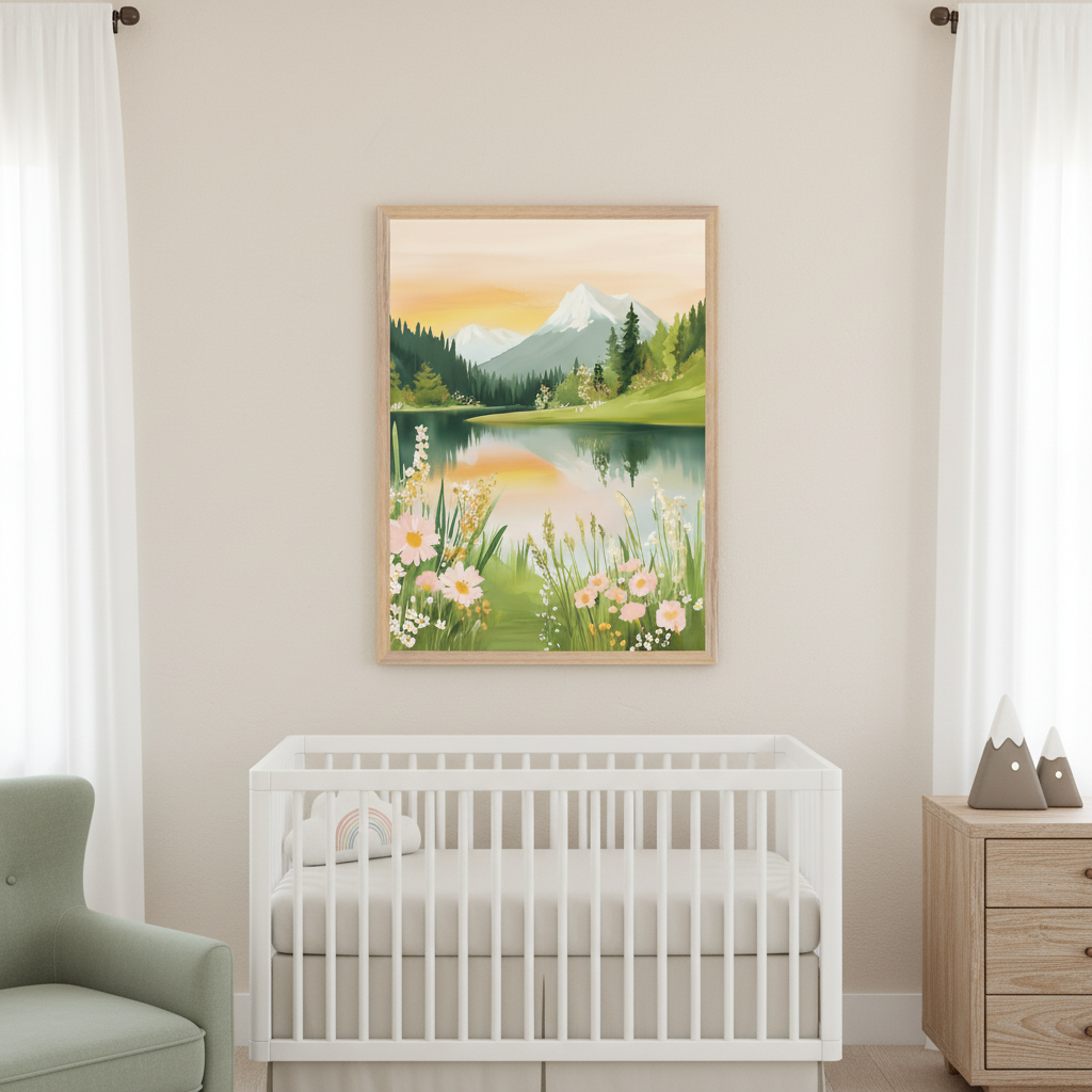 Modern nursery with a white crib, green armchair, and wooden dresser. A large framed painting is centered above the crib, depicting a vibrant mountain lake landscape with a sunset reflection, evergreen trees, and pink and yellow wildflowers.