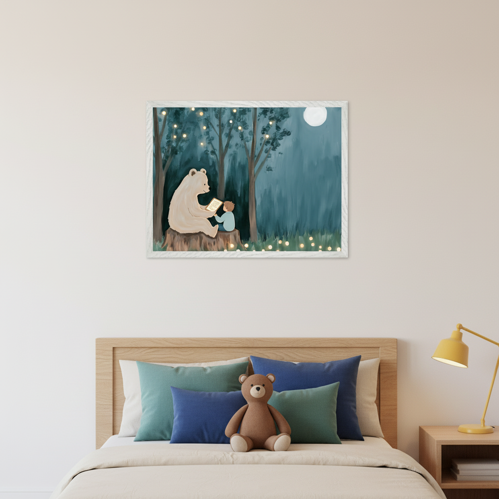 Kid's bedroom with a wooden bed, blue and teal pillows, and a teddy bear. A wooden nightstand and yellow lamp are to the right. A framed illustrative painting of a bear reading to a child in a glowing forest at night hangs centered above the bed.