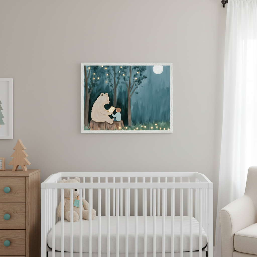 Modern nursery with a white crib, wooden dresser, and armchair. A framed illustration of a bear and child reading on a tree stump in a forest at night with string lights and a moon hangs centered above the crib.