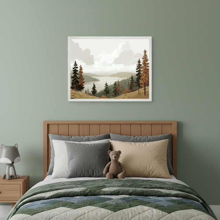 Kid's bedroom with a wooden bed, green quilted blanket, and a bedside table with a fox lamp. A white-framed illustrated landscape depicting a lake, hills, and pine trees under a cloudy sky hangs centered above the bed. A teddy bear sits on the bed.