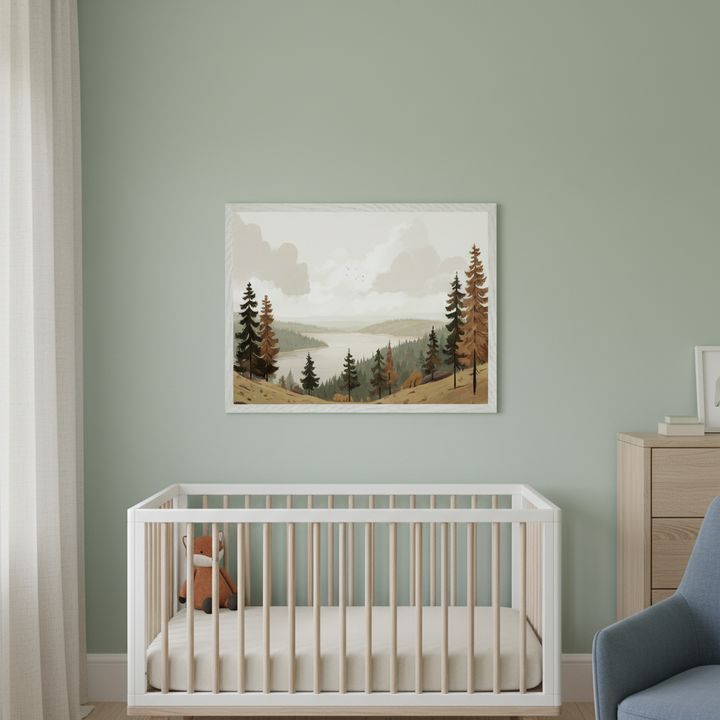 Modern nursery with a white crib, wooden dresser, and blue armchair. A framed illustrative landscape of a lake surrounded by autumn trees and hills under a cloudy sky hangs above the crib.