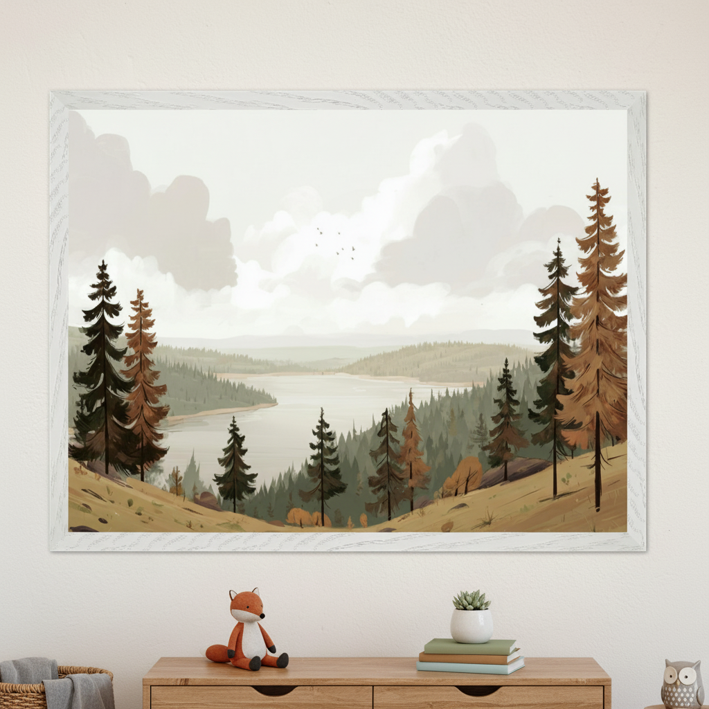 Wanderwood Lake Wall Art for Nursery, Playroom or Kids Bedrooms - Peaceful Forest Hillside View - Cloudy Cove