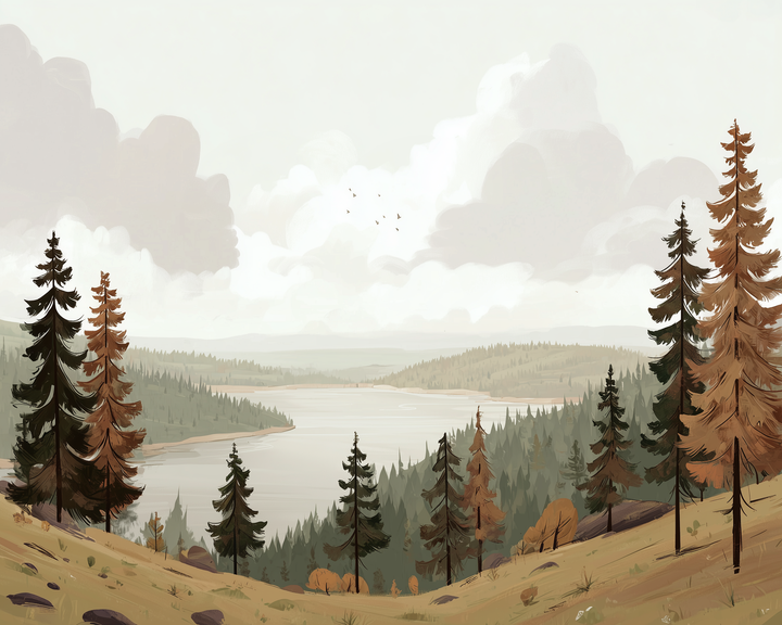 A serene landscape illustration depicts a tranquil lake surrounded by rolling hills and a dense forest of tall, slender trees in shades of green and brown. Fluffy clouds drift across the pale sky, and a few birds are visible in the distance, enhancing the peaceful atmosphere.