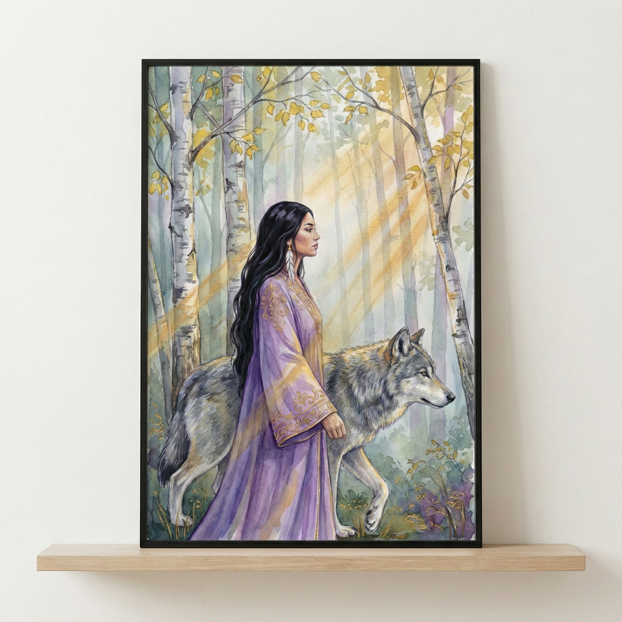 A framed artwork on a shelf depicts a woman in a flowing purple robe with ornate patterns, walking alongside a wolf through a serene birch forest. Sunlight filters through the trees, casting gentle rays across the scene.