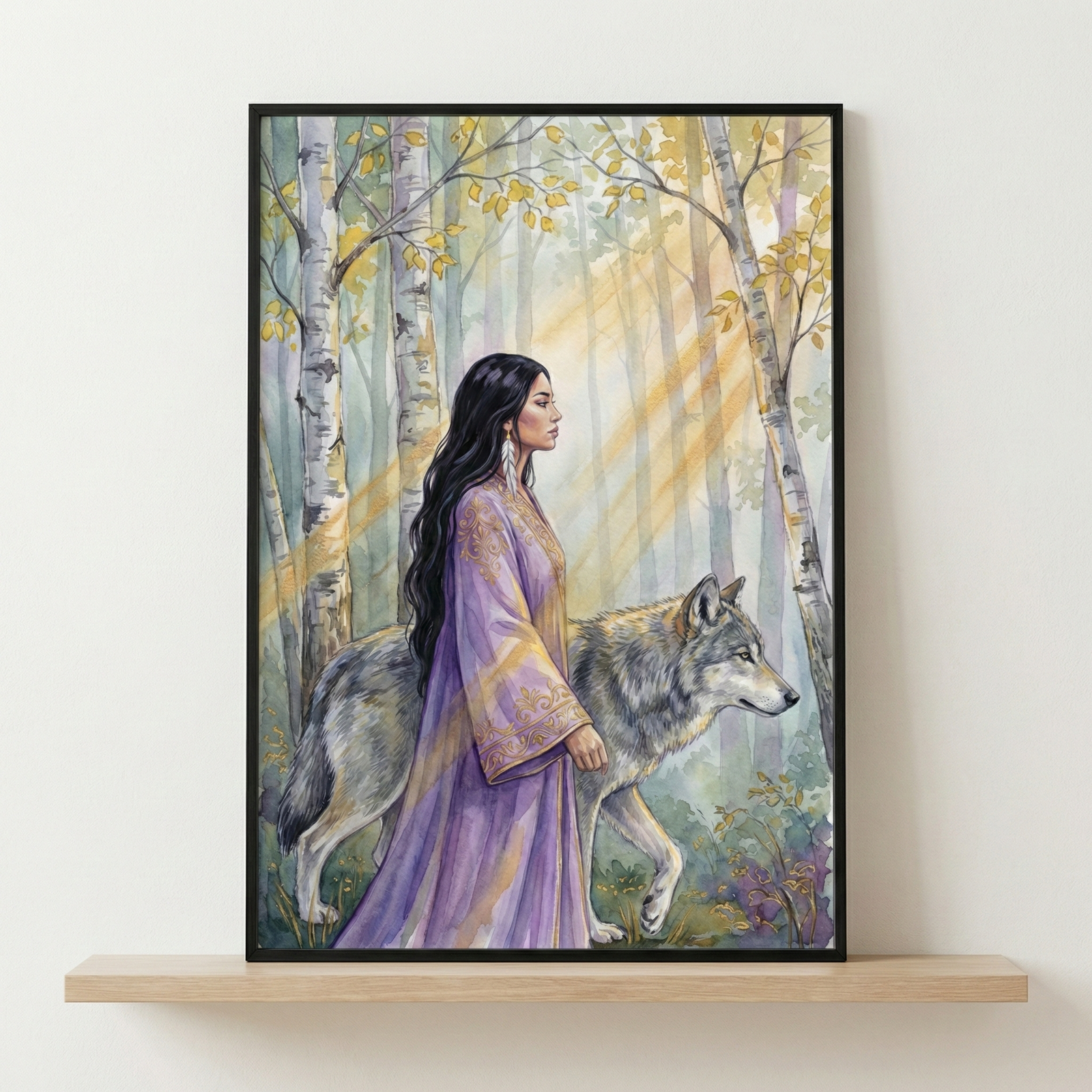 A framed artwork on a shelf depicts a woman in a flowing purple robe with ornate patterns, walking alongside a wolf through a serene birch forest. Sunlight filters through the trees, casting gentle rays across the scene.